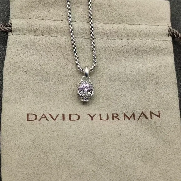David Yurman Silver Skull Pendant Necklace with Light Purple Crystal Accents - Picture 3 of 3